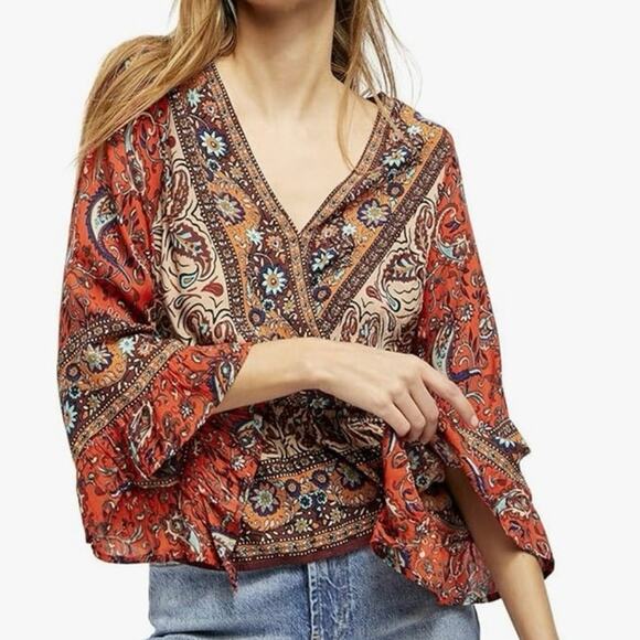 Free People Top Rosalie Wrap Paisley Boho Women’s Size Medium - Picture 3 of 7